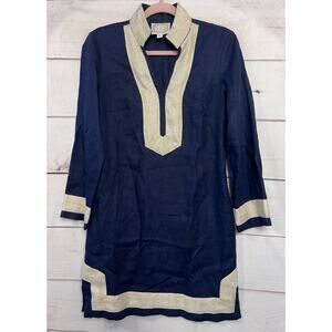 Sail to Sable Size XS Long Sleeve Dress Navy With Gold Trim Linen